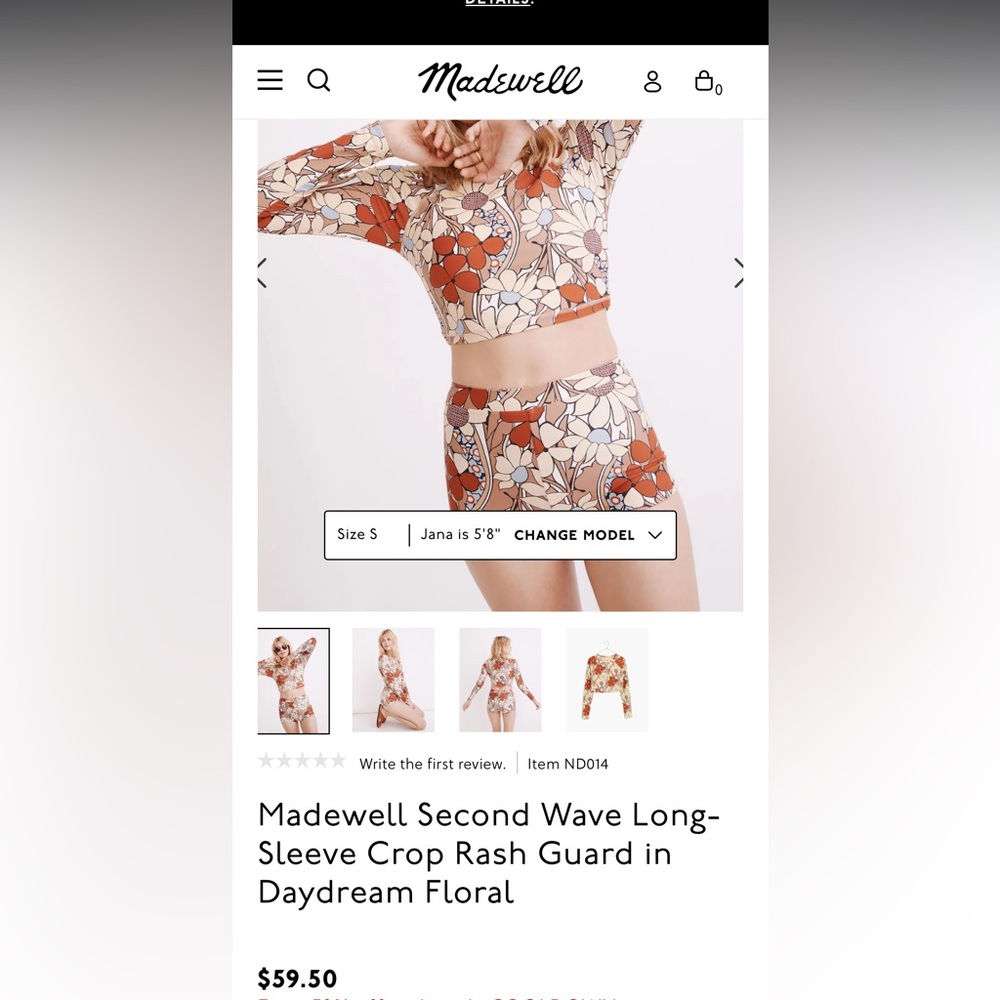 NWOT Madewell Second Wave Long-Sleeve Crop Rash Guard in Daydream Floral